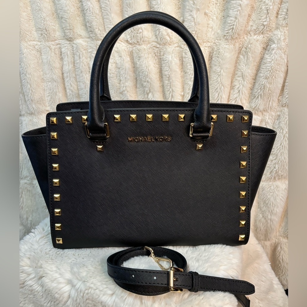 Michael Kors gold studded Selma black saffiano leather purse with strap